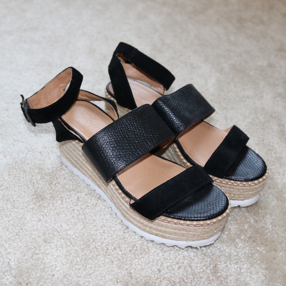 Shoes - Women's Black Espadrille Platform Wedge Sandals with Ankle Strap